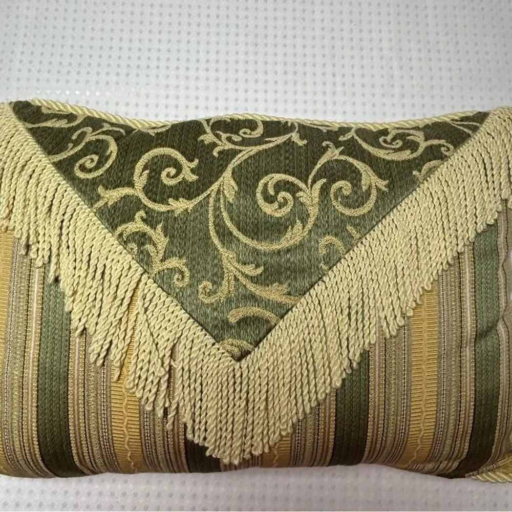 Platinum Couture Green and Gold Stripe Brocade Decorative Pillow with Fringe